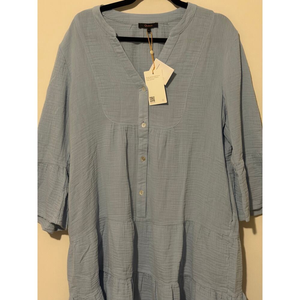 Quince 100% Organic Cotton Gauze Long Sleeve Tiered Mini Dress Ocean Breeze New - Picture 4 of 6